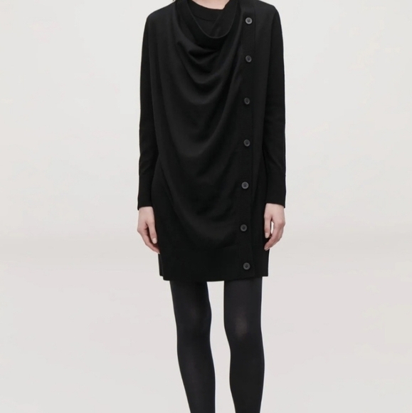 COS Black Merino Wool Draped Button Long Sleeve Dress - Picture 4 of 15